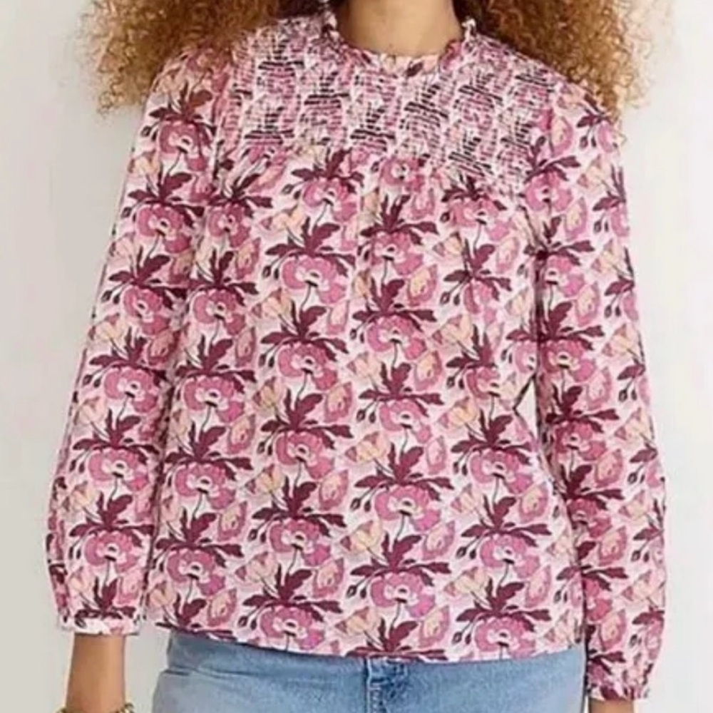 J. Crew Liberty of London Smocked Butterfield Poppy Organic Cotton Blouse - XS